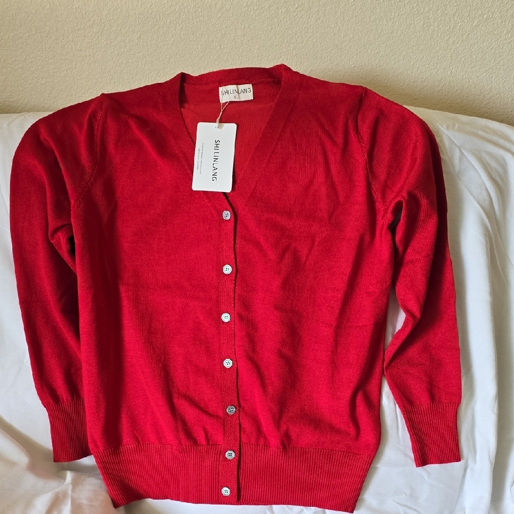 Size XL Red V-Neck Button Cardigan Sweater - Women's